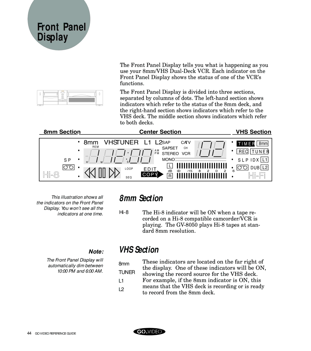 GoVideo GV8050 manual Front Panel Display, 8mm Section, VHS Section 