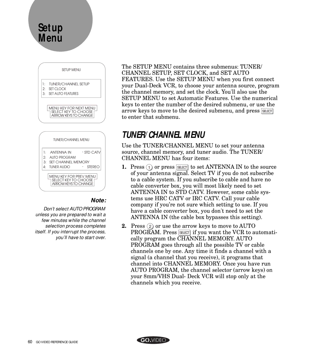 GoVideo GV8050 manual Setup Menu, TUNER/CHANNEL Menu 