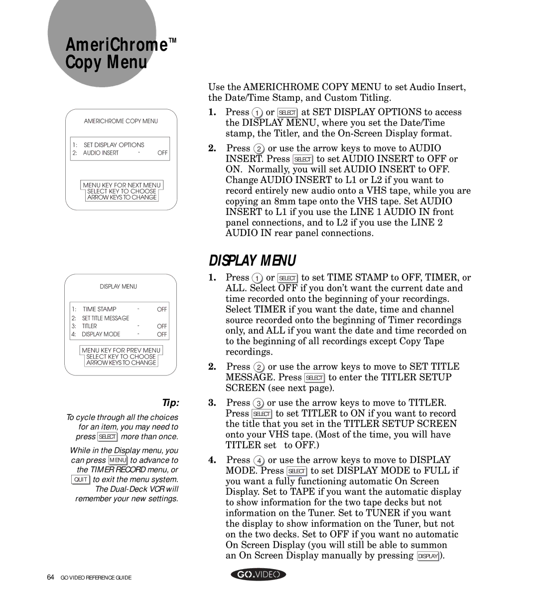 GoVideo GV8050 manual AmeriChromeTM Copy Menu, Display Menu 