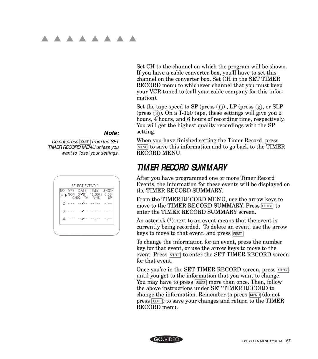 GoVideo GV8050 manual Timer Record Summary 