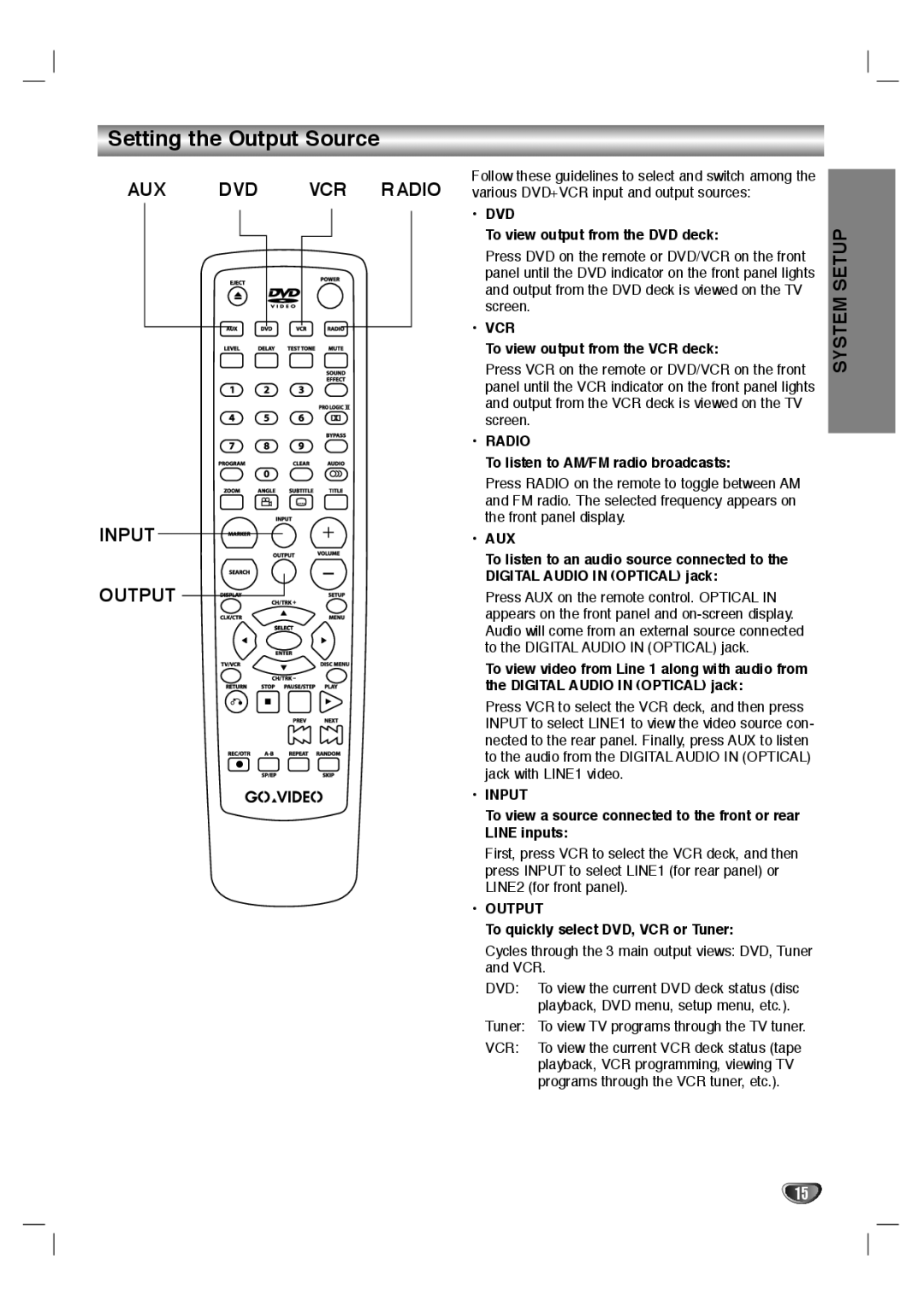 GoVideo HT2015, HT2010 manual Setting the Output Source, Dvd, Vcr, Aux 