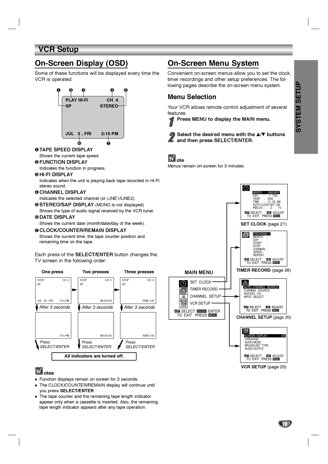 GoVideo HT2015, HT2010 manual VCR Setup On-Screen Display OSD, On-Screen Menu System, Menu Selection 