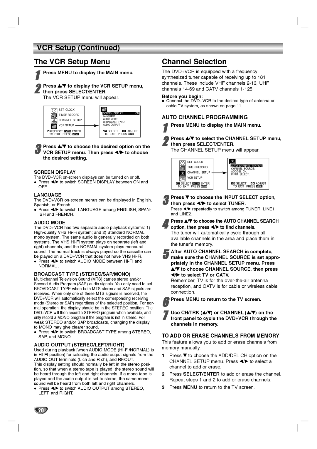 GoVideo HT2010, HT2015 manual VCR Setup VCR Setup Menu, Channel Selection 