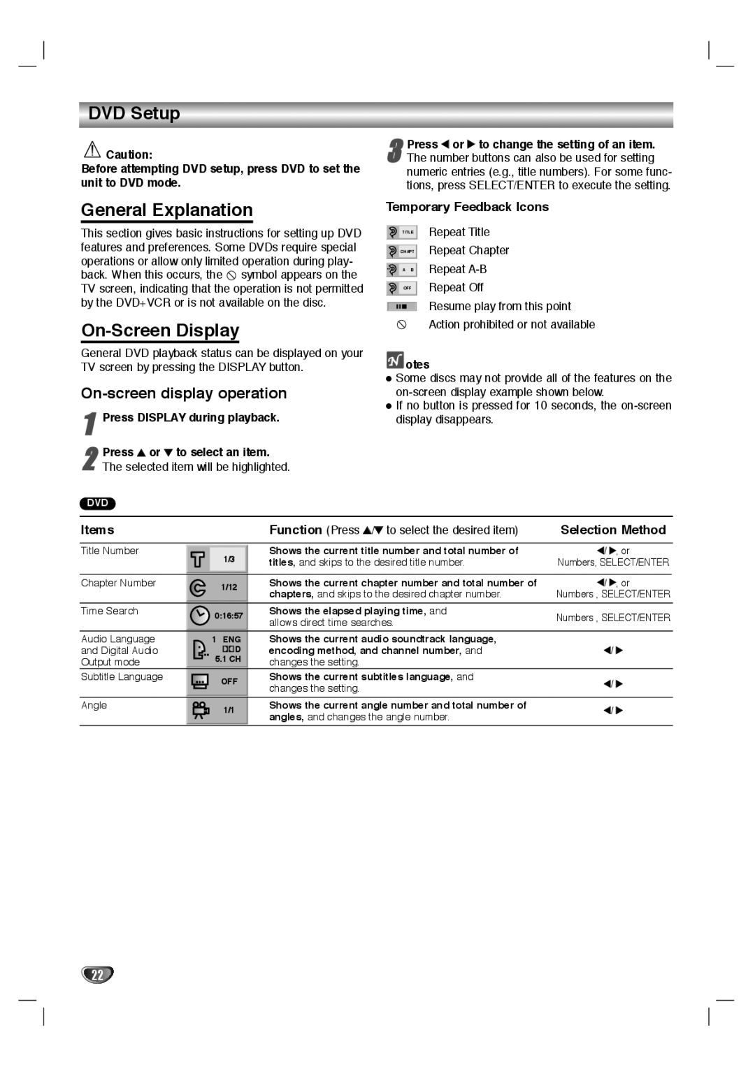 GoVideo HT2010, HT2015 manual DVD Setup, General Explanation, On-Screen Display, On-screen display operation 