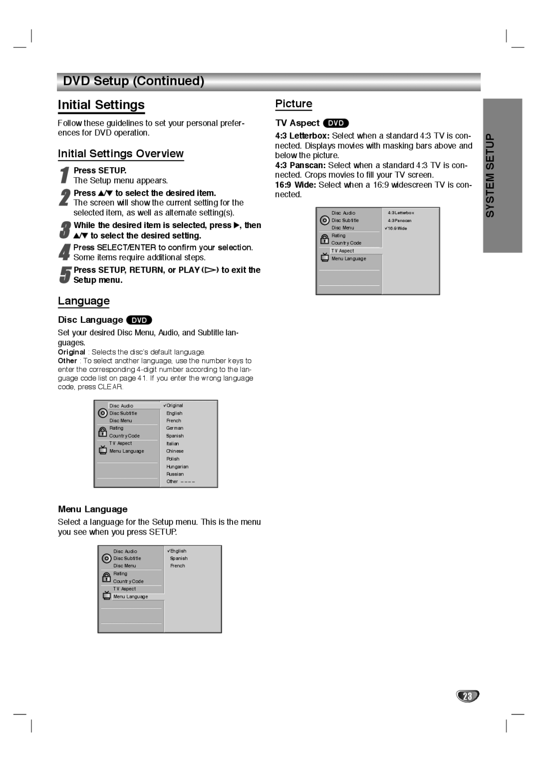 GoVideo HT2015, HT2010 manual DVD Setup Initial Settings, Initial Settings Overview, Language, Picture 