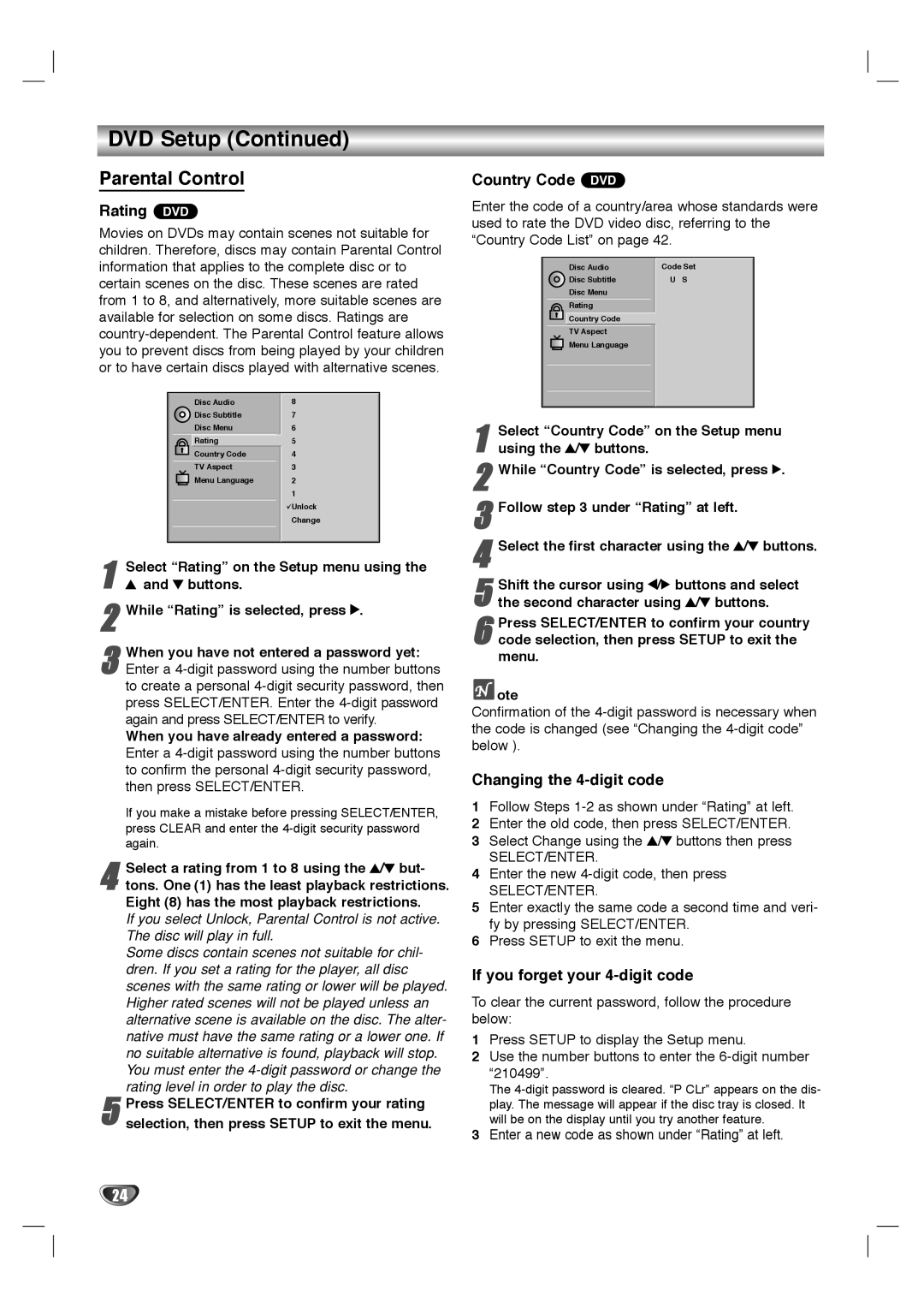 GoVideo HT2010 Parental Control, Rating DVD, Country Code DVD, Changing the 4-digit code, If you forget your 4-digit code 