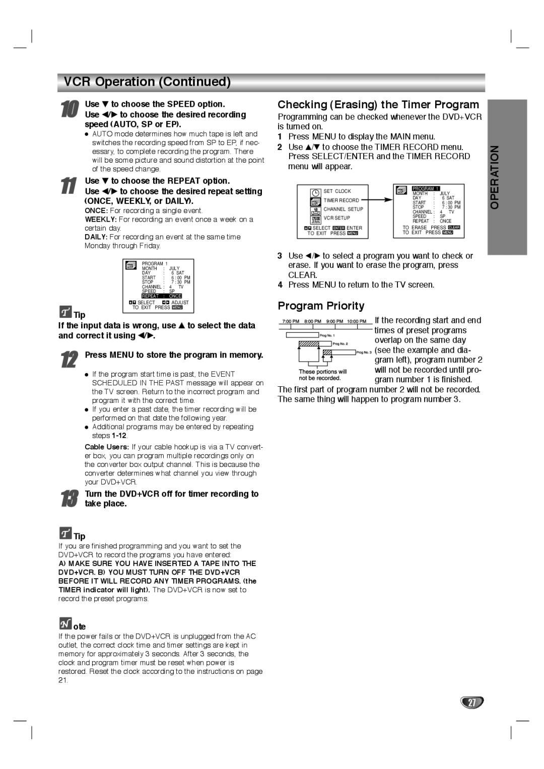 GoVideo HT2015, HT2010 manual VCR Operation, Checking Erasing the Timer Program, Program Priority 