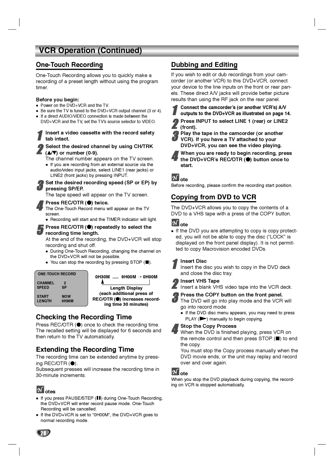 GoVideo HT2010, HT2015 One-Touch Recording, Checking the Recording Time, Extending the Recording Time, Dubbing and Editing 