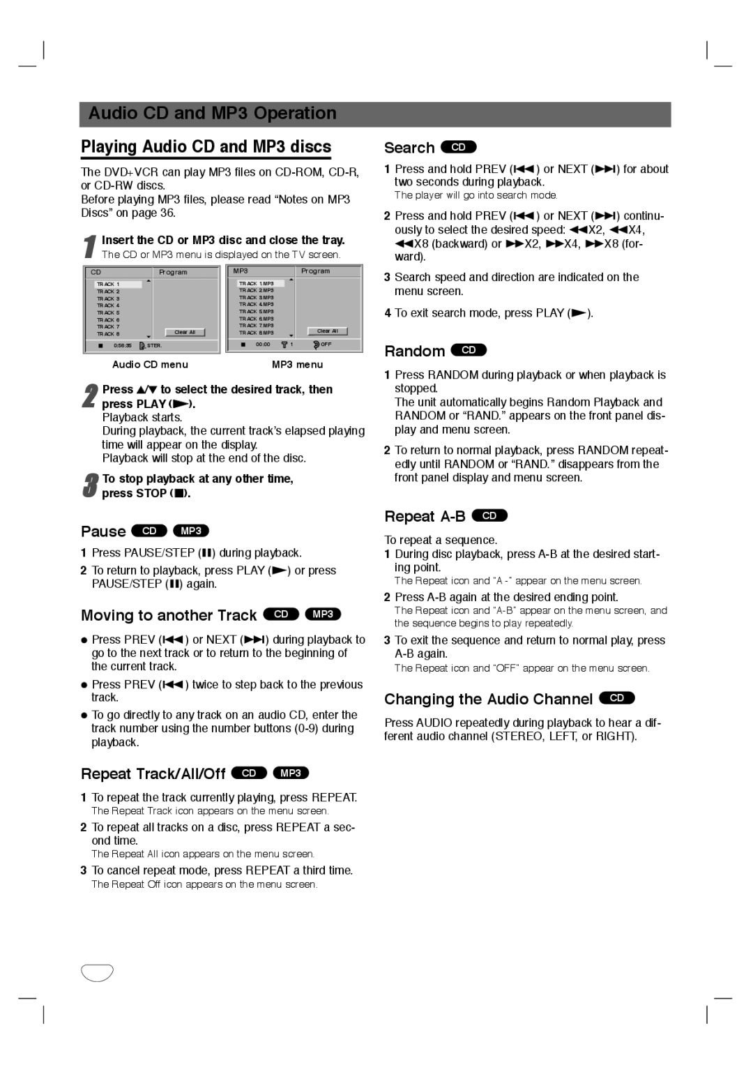 GoVideo HT2010, HT2015 manual Audio CD and MP3 Operation Playing Audio CD and MP3 discs 