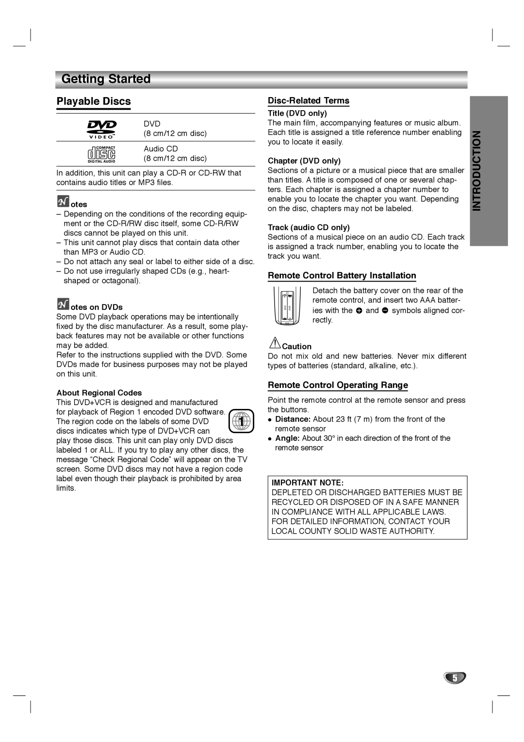 GoVideo HT2015, HT2010 manual Getting Started, Playable Discs, Disc-Related Terms, Remote Control Battery Installation 