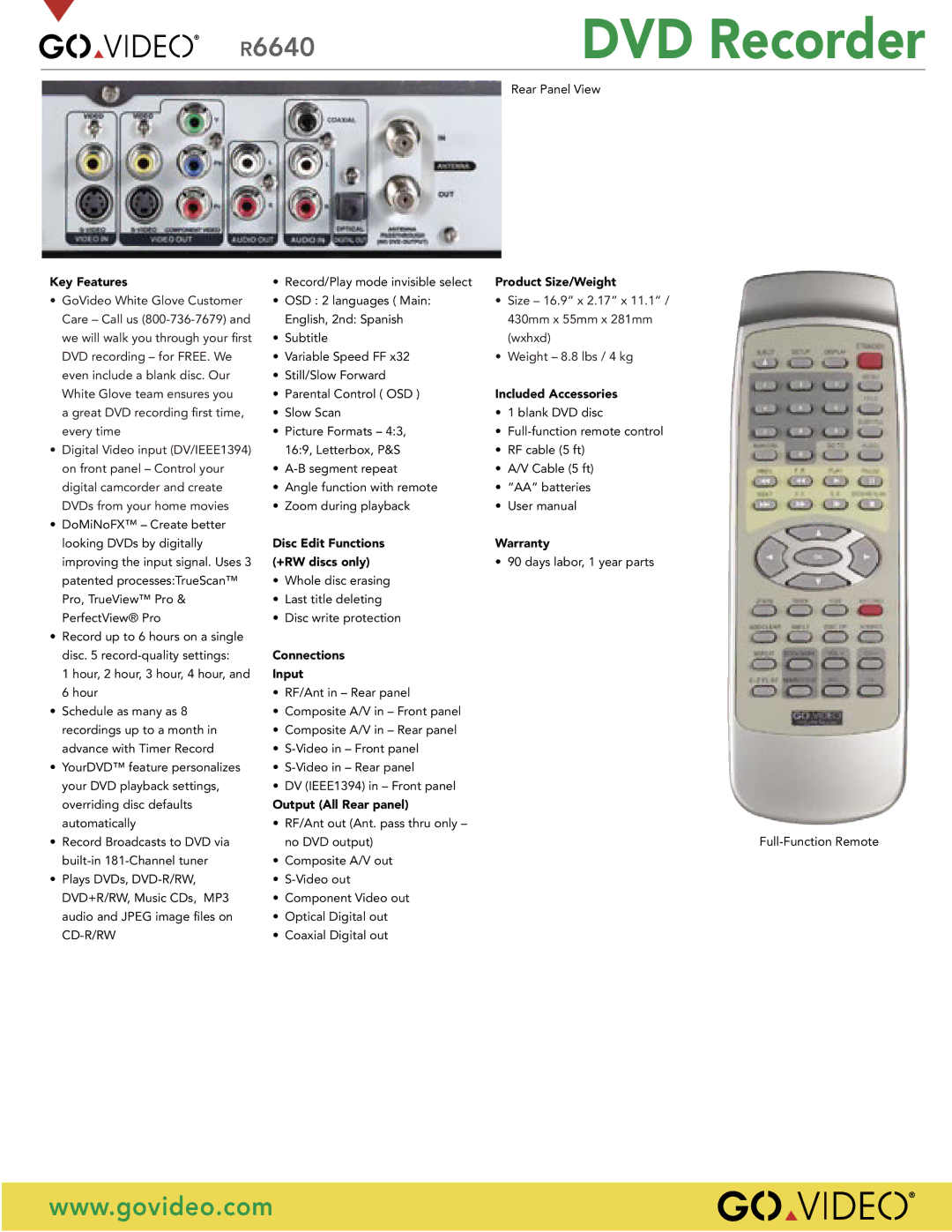 GoVideo R6640 specifications DVD Recorder 