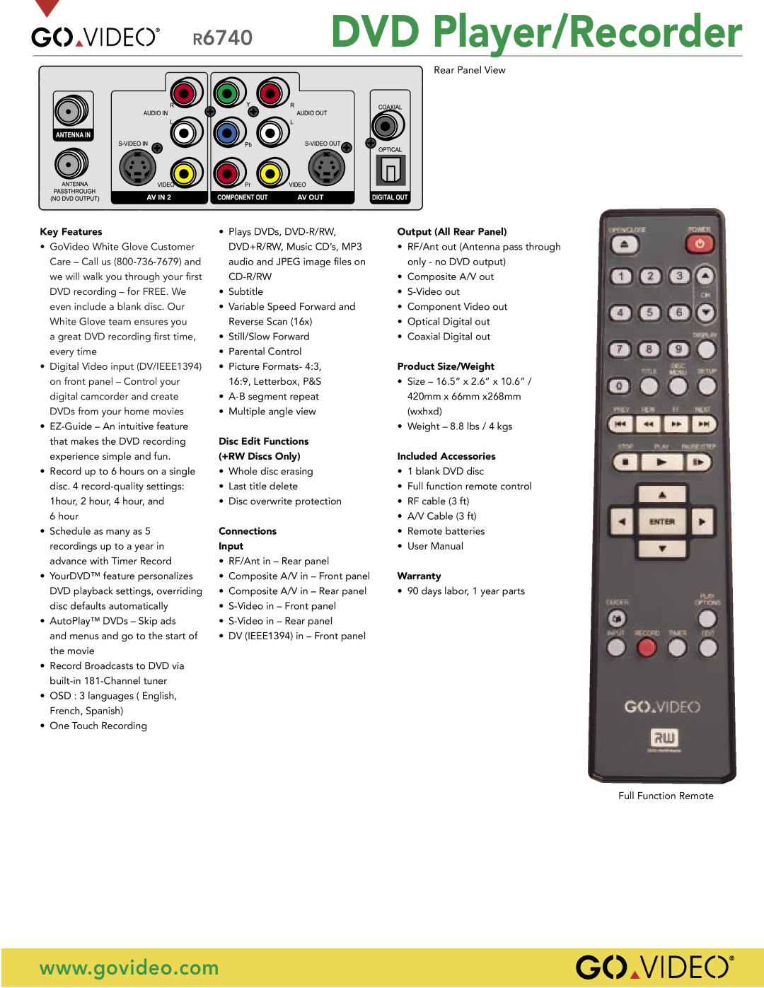 GoVideo R6740 Key Features, Output All Rear Panel, Product Size/Weight, Disc Edit Functions, Connections, Input, Warranty 