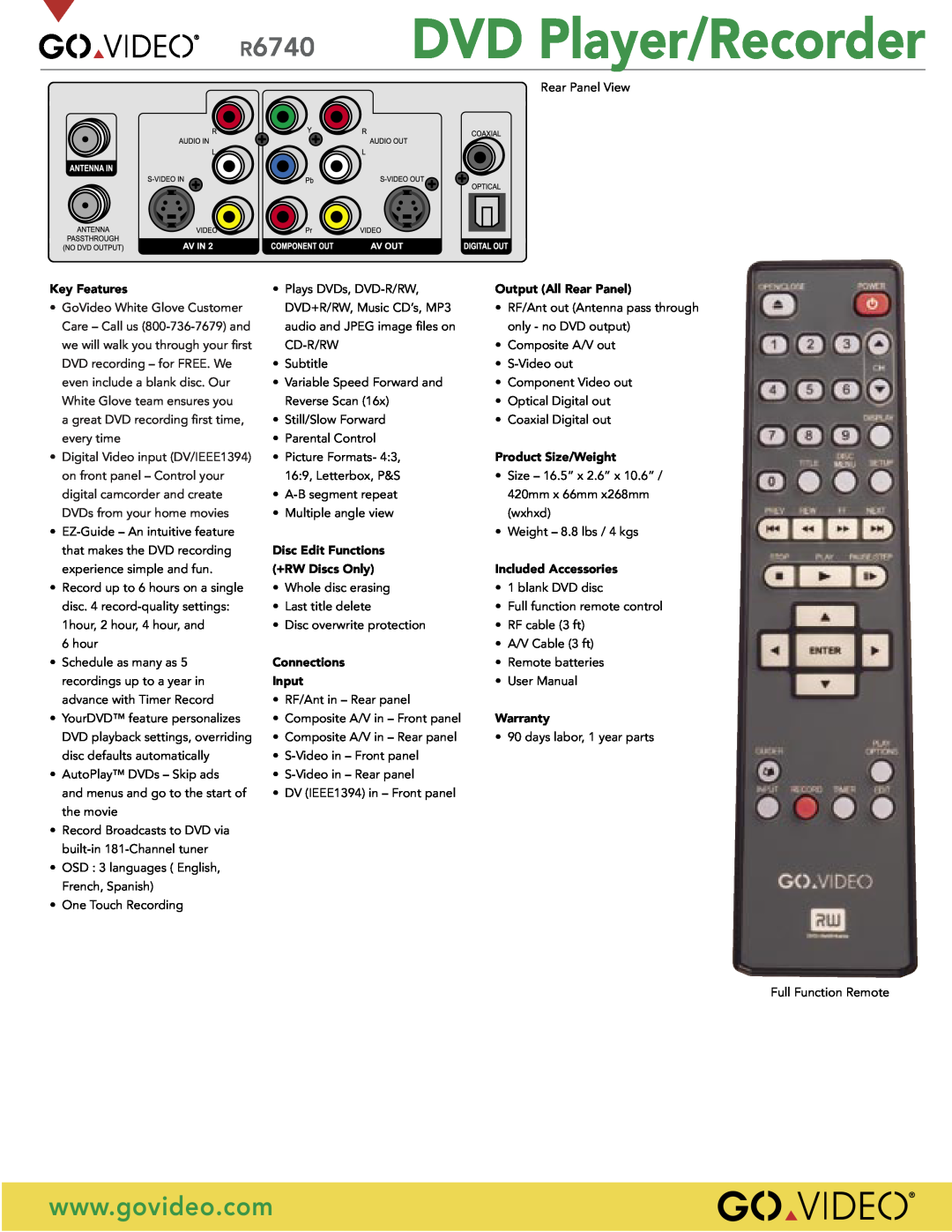 GoVideo R6740 DVD Player/Recorder, Key Features, Output All Rear Panel, Product Size/Weight, Disc Edit Functions, Input 