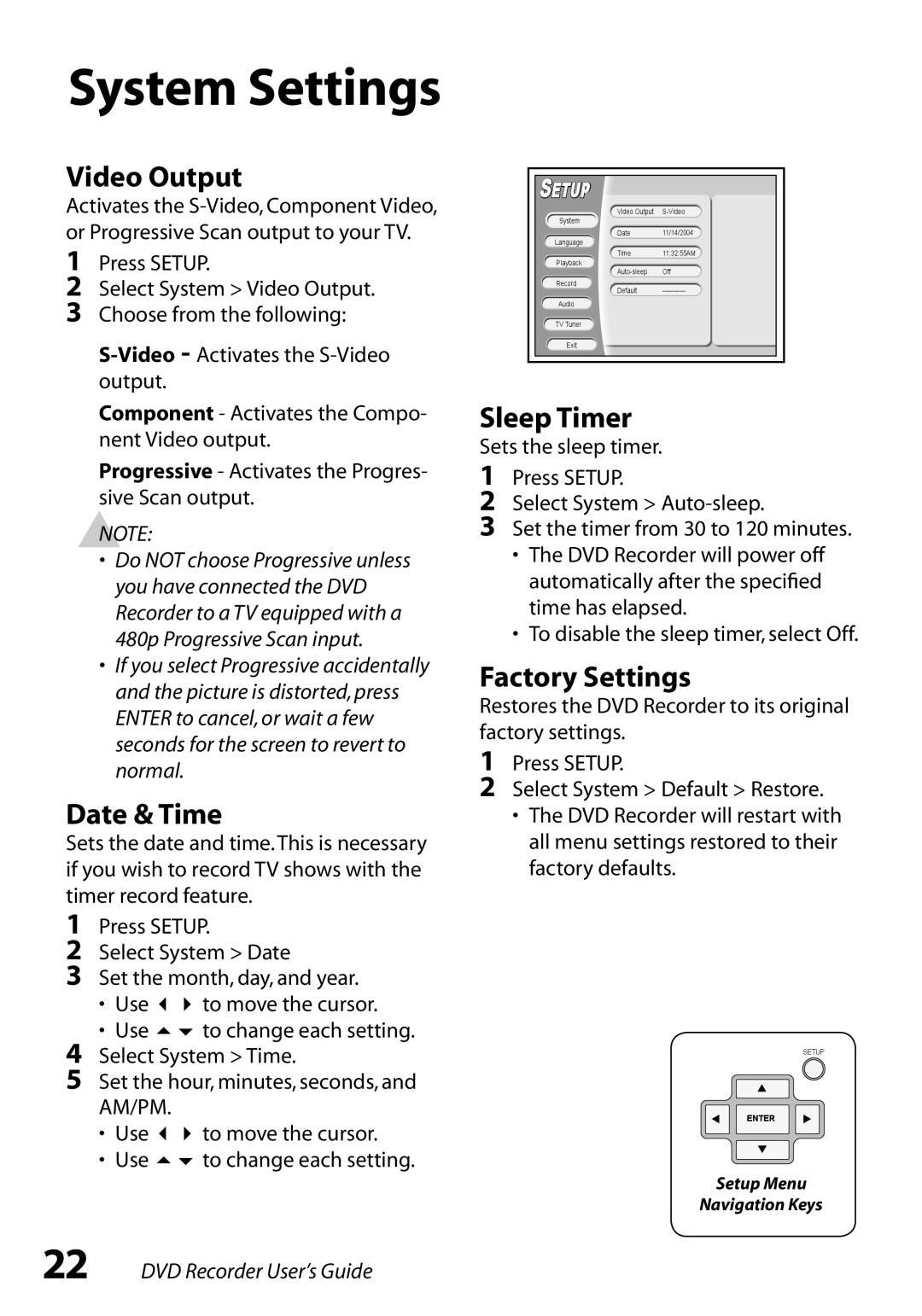 GoVideo R6750 manual Video Output, Date & Time, Sleep Timer, Factory Settings 