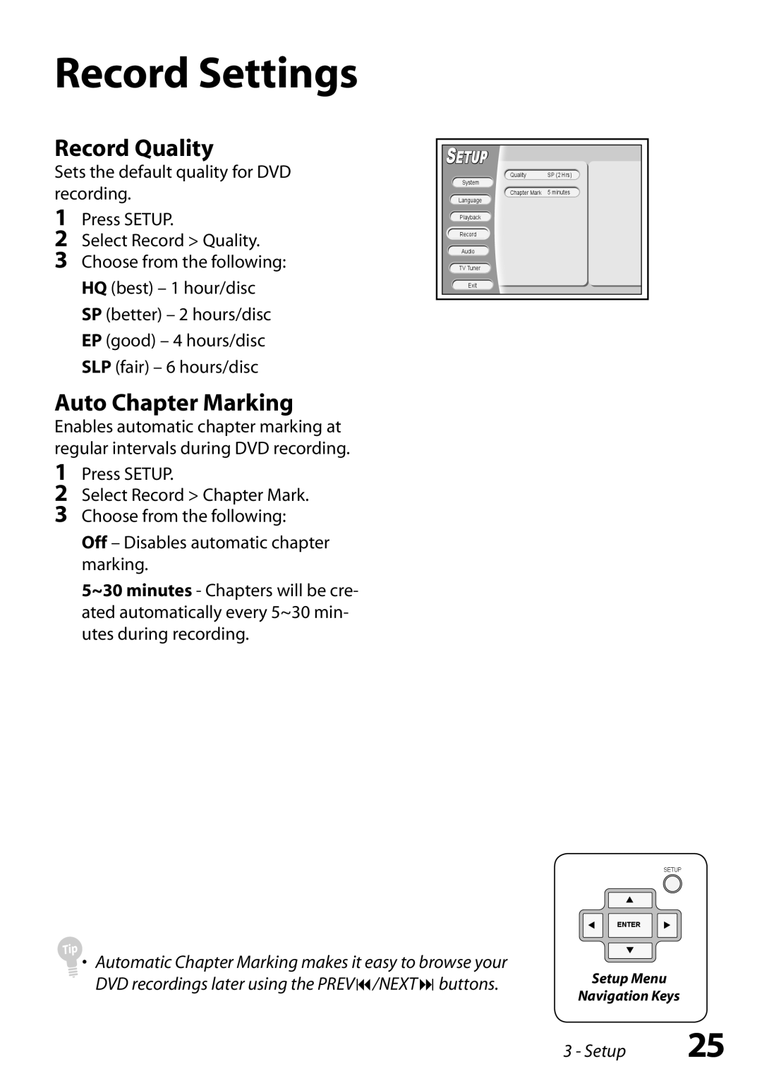 GoVideo R6750 manual Record Settings, Record Quality, Auto Chapter Marking 