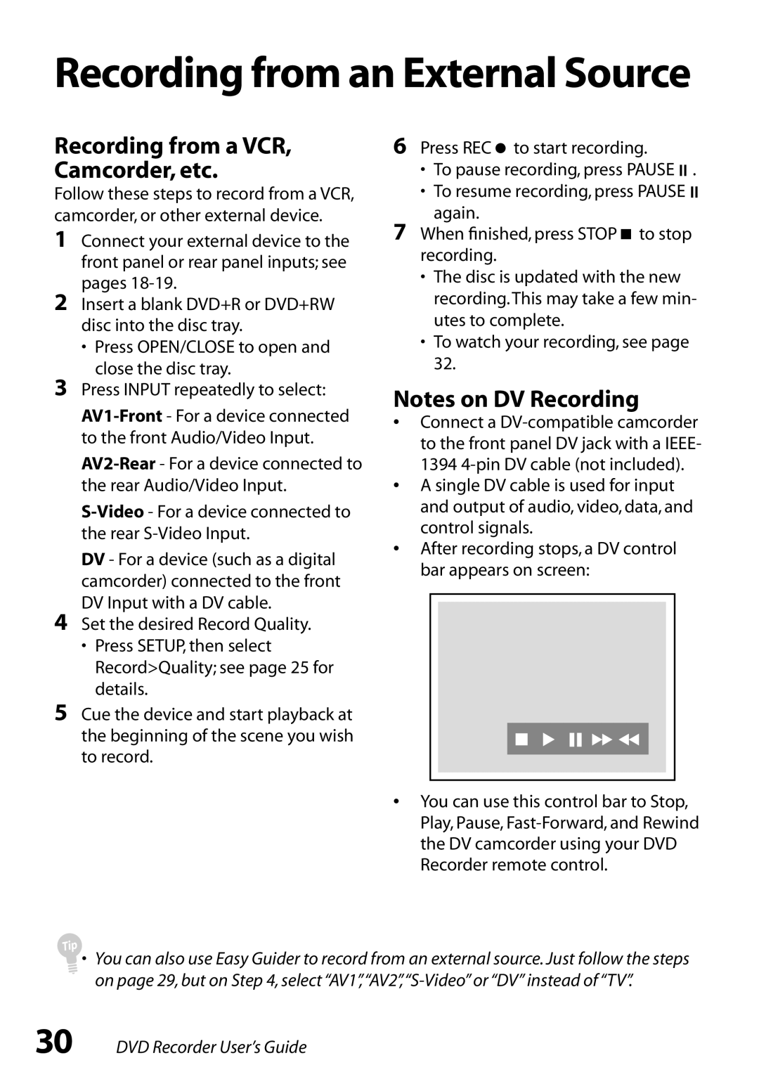GoVideo R6750 manual Notes on DV Recording, DVD Recorder User’s Guide, Recording from an External Source 