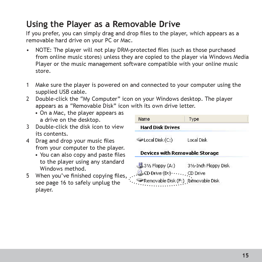 GoVideo RX128, RX256 manual Using the Player as a Removable Drive 