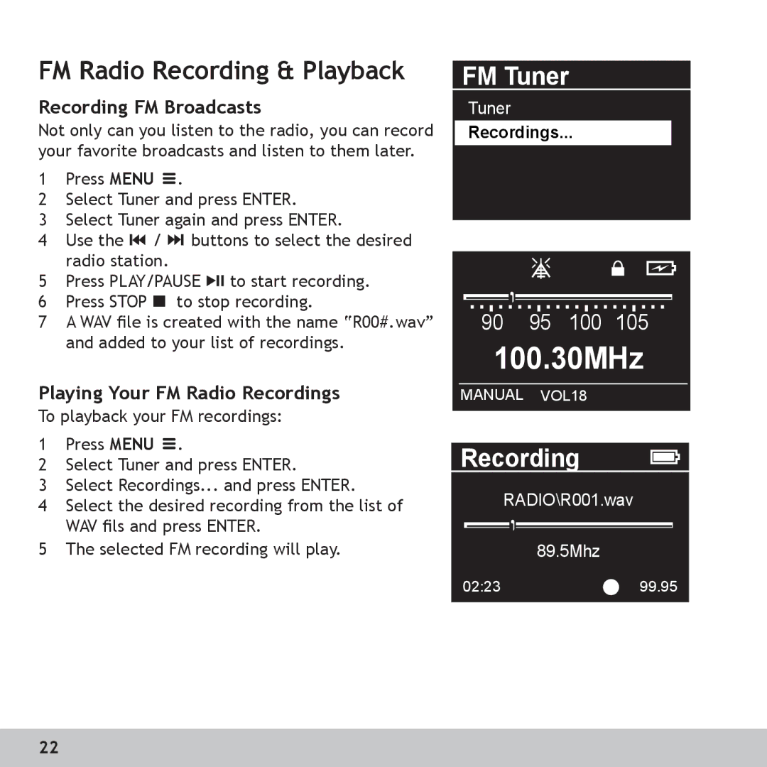 GoVideo RX256, RX128 manual FM Radio Recording & Playback, Recording FM Broadcasts, Playing Your FM Radio Recordings 