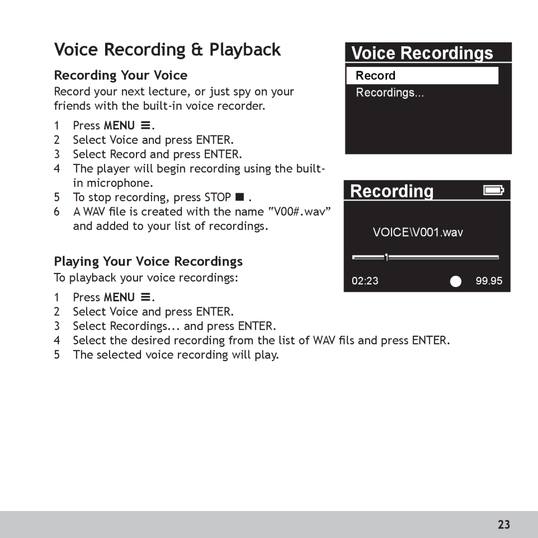 GoVideo RX128, RX256 manual Voice Recording & Playback, Recording Your Voice, Playing Your Voice Recordings 