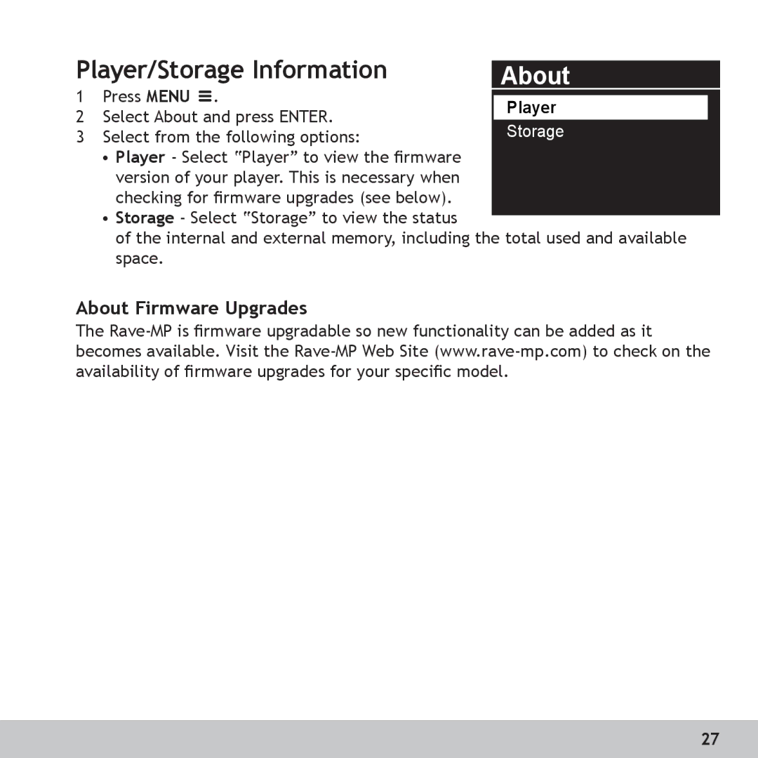 GoVideo RX128, RX256 manual Player/Storage Information, About Firmware Upgrades 