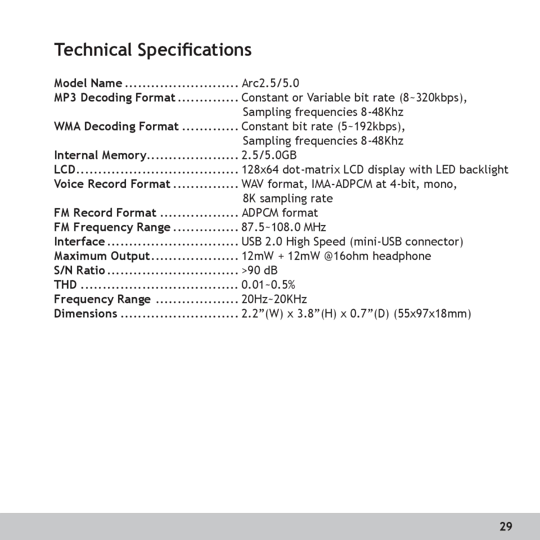 GoVideo RX128, RX256 manual Technical Speciﬁcations, WMA Decoding Format 