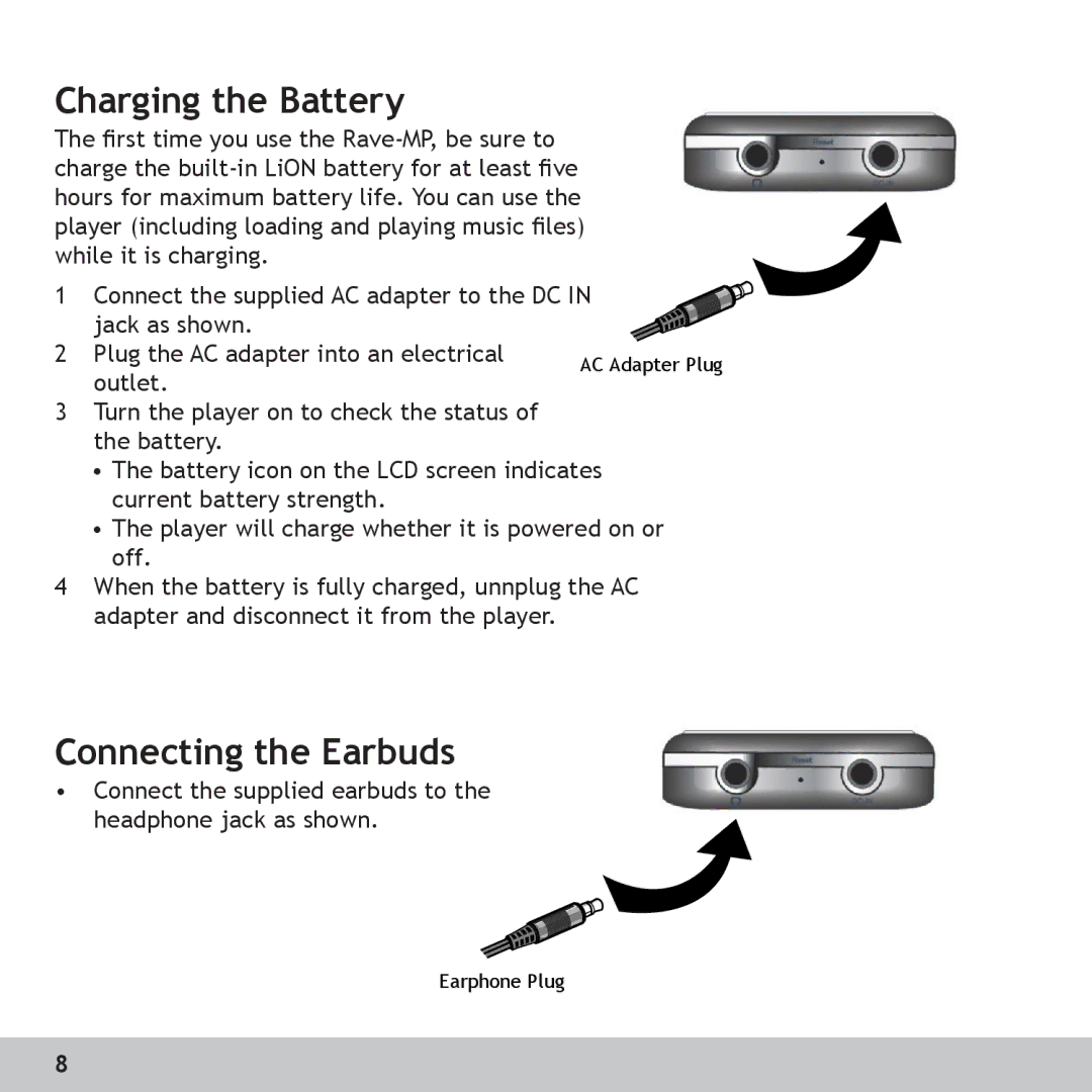 GoVideo RX256, RX128 manual Charging the Battery, Connecting the Earbuds 