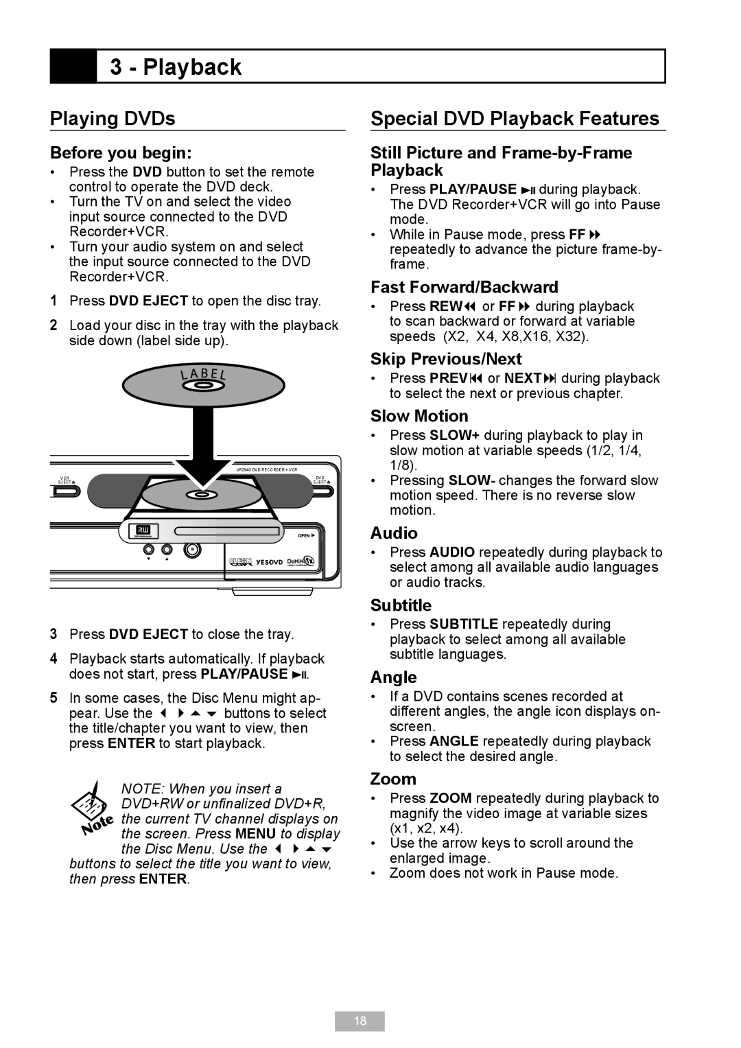 GoVideo VR2940 manual Playing DVDs, Special DVD Playback Features 