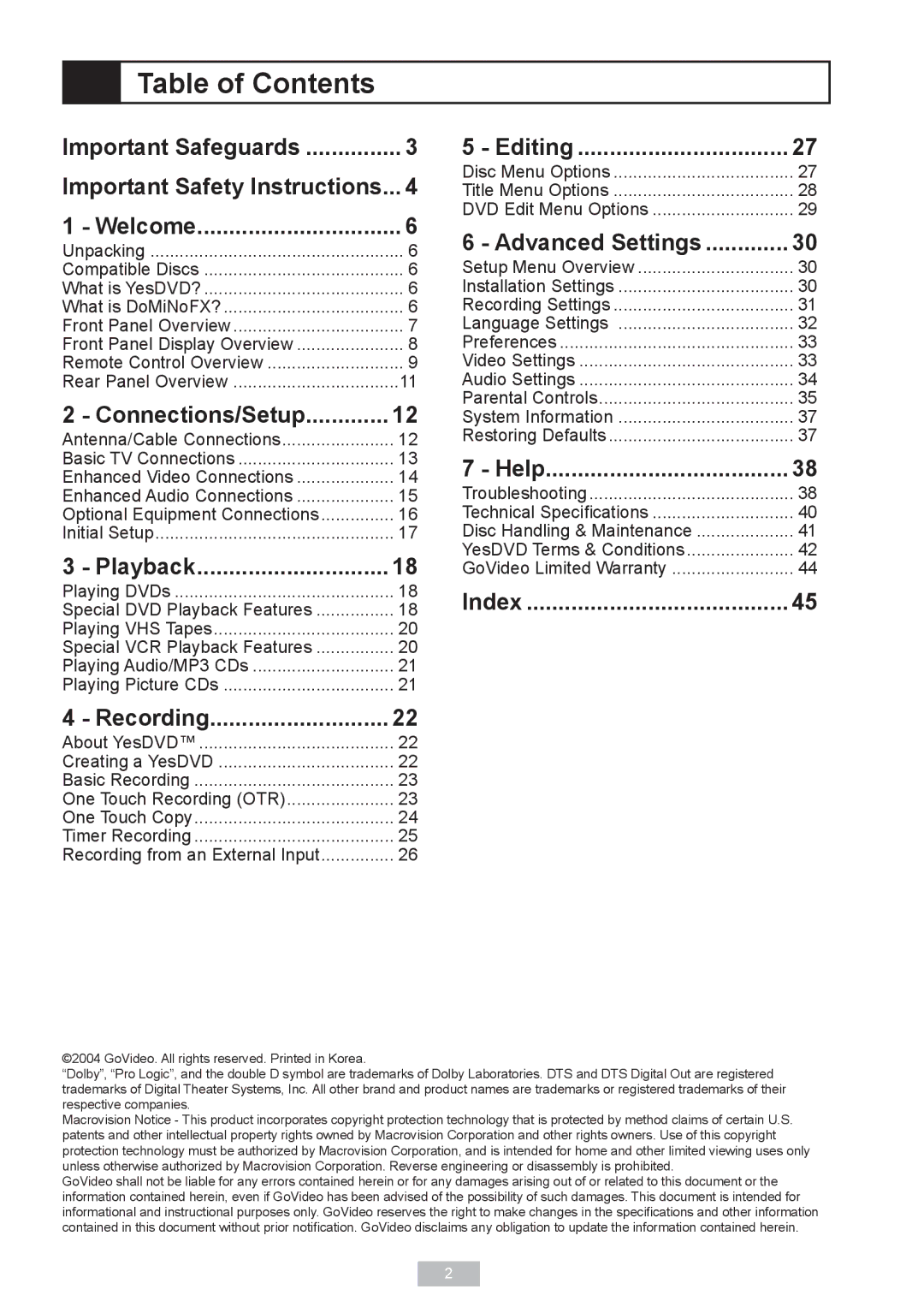 GoVideo VR2940 manual Table of Contents 