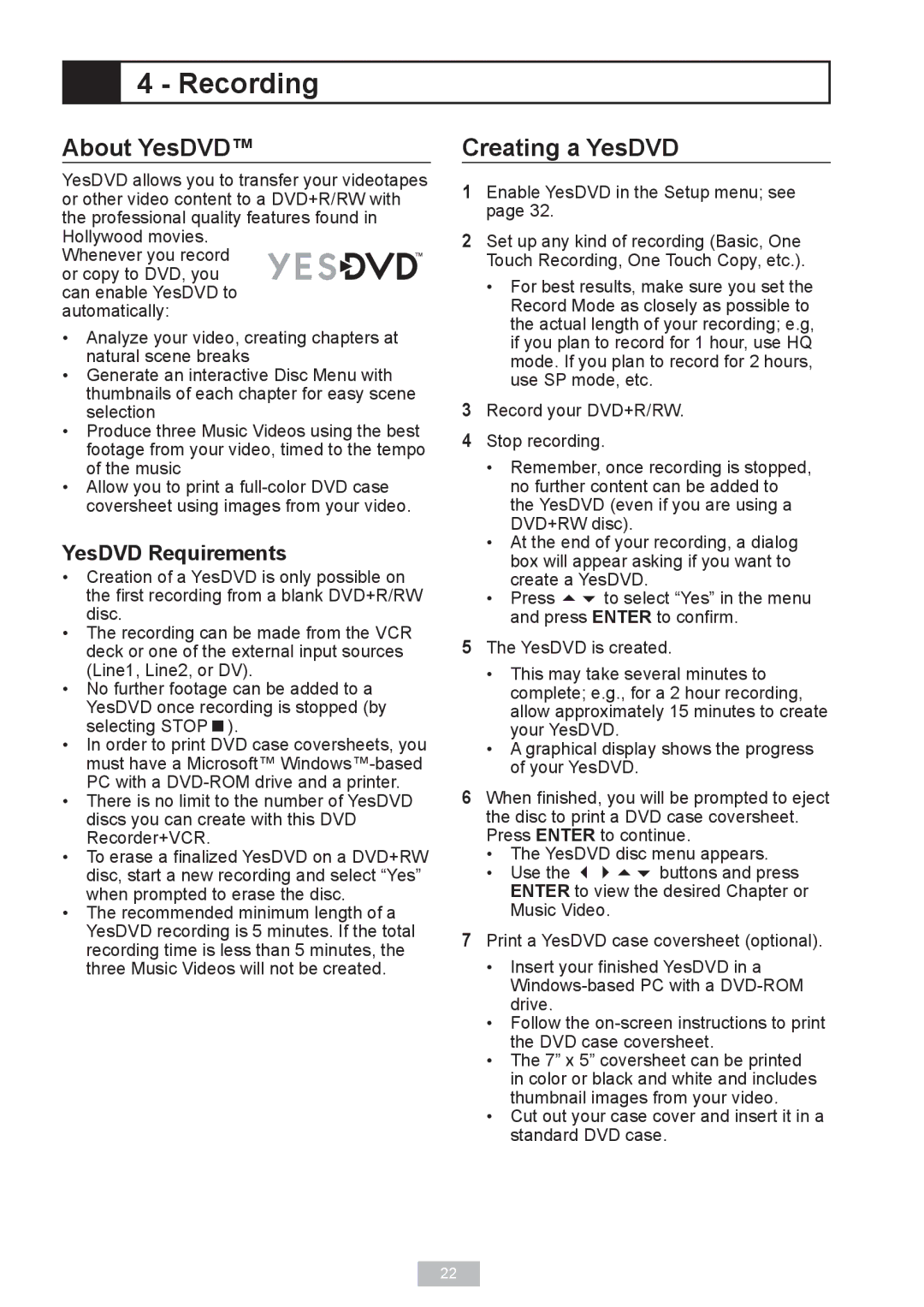 GoVideo VR2940 manual Recording, About YesDVD, Creating a YesDVD, YesDVD Requirements 