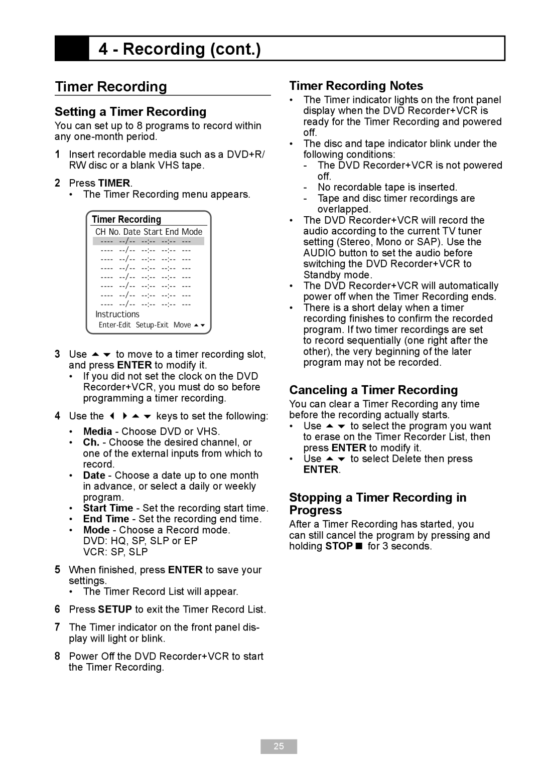 GoVideo VR2940 manual Setting a Timer Recording, Timer Recording Notes, Canceling a Timer Recording 