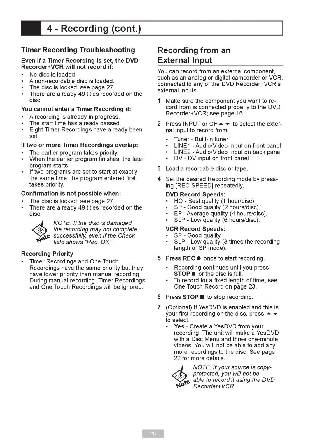 GoVideo VR2940 manual Recording from an External Input, Timer Recording Troubleshooting 