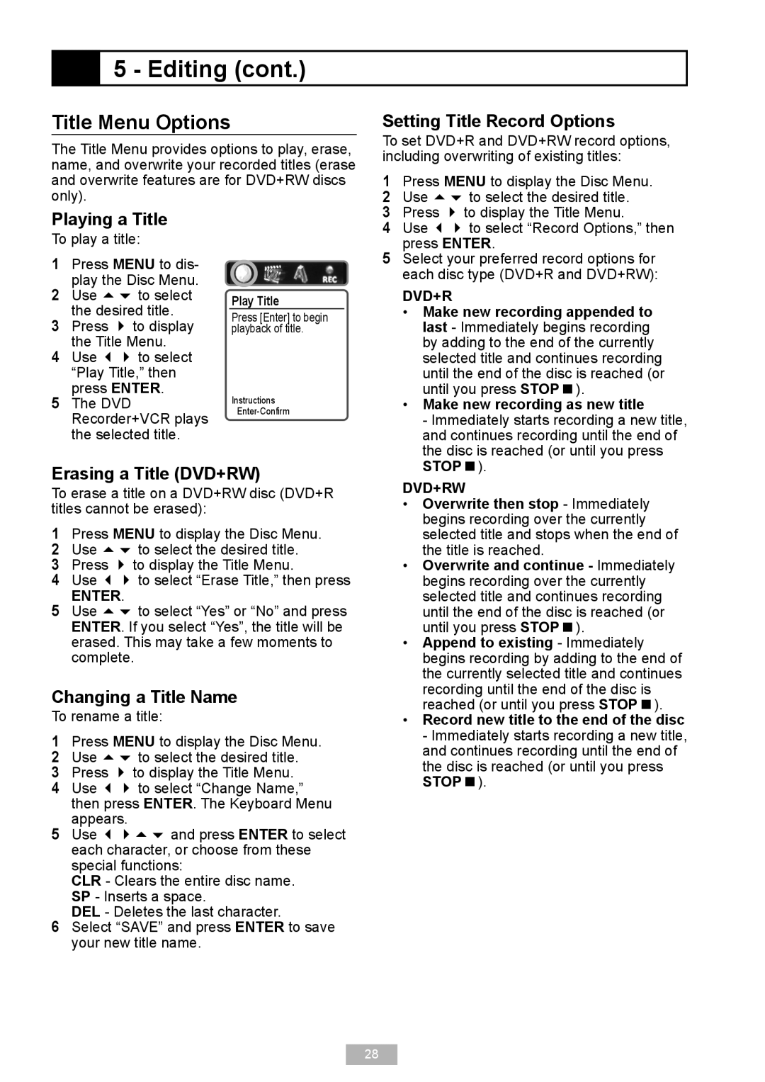 GoVideo VR2940 manual Title Menu Options, Setting Title Record Options, Playing a Title, Erasing a Title DVD+RW 