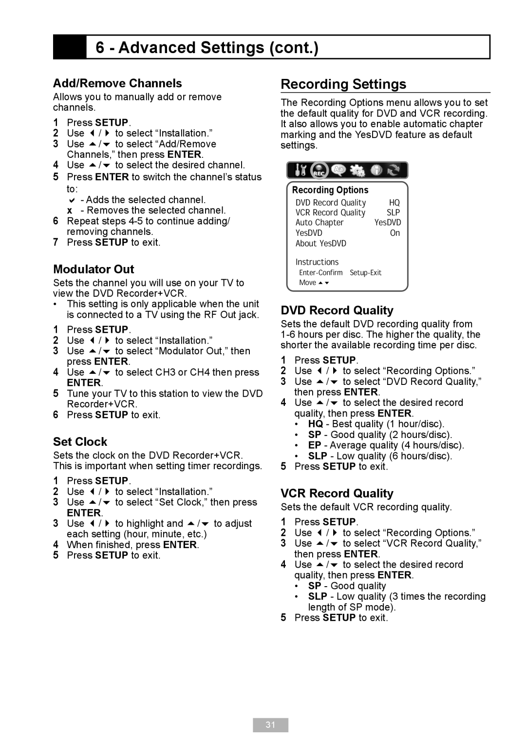 GoVideo VR2940 manual Recording Settings 