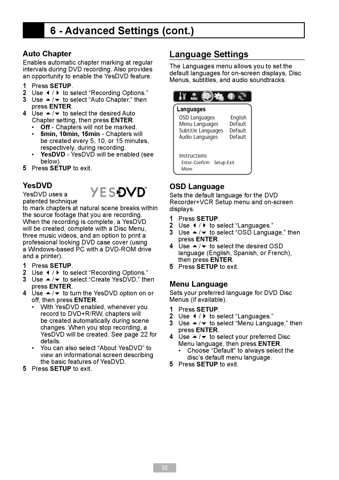 GoVideo VR2940 manual Language Settings, Auto Chapter, YesDVD YesDVD uses a patented technique, OSD Language, Menu Language 