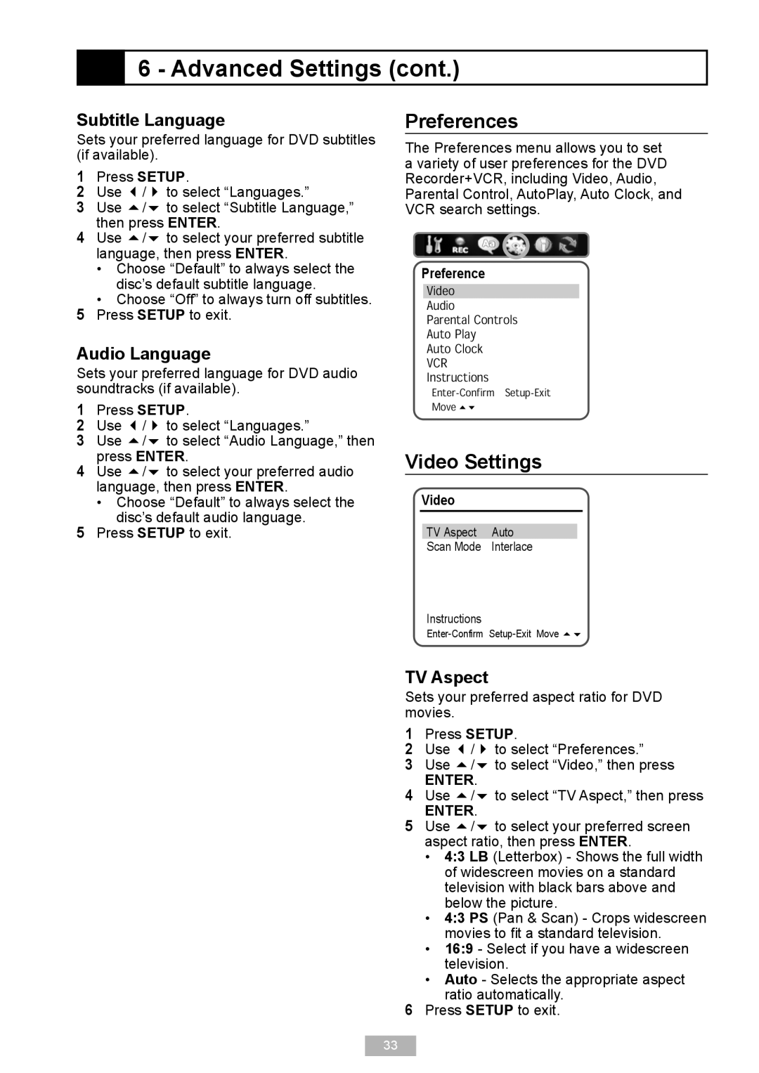 GoVideo VR2940 manual Preferences, Video Settings, Subtitle Language, Audio Language, TV Aspect 