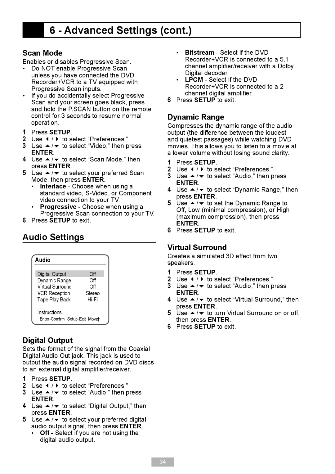 GoVideo VR2940 manual Audio Settings, Scan Mode, Dynamic Range, Virtual Surround, Digital Output 