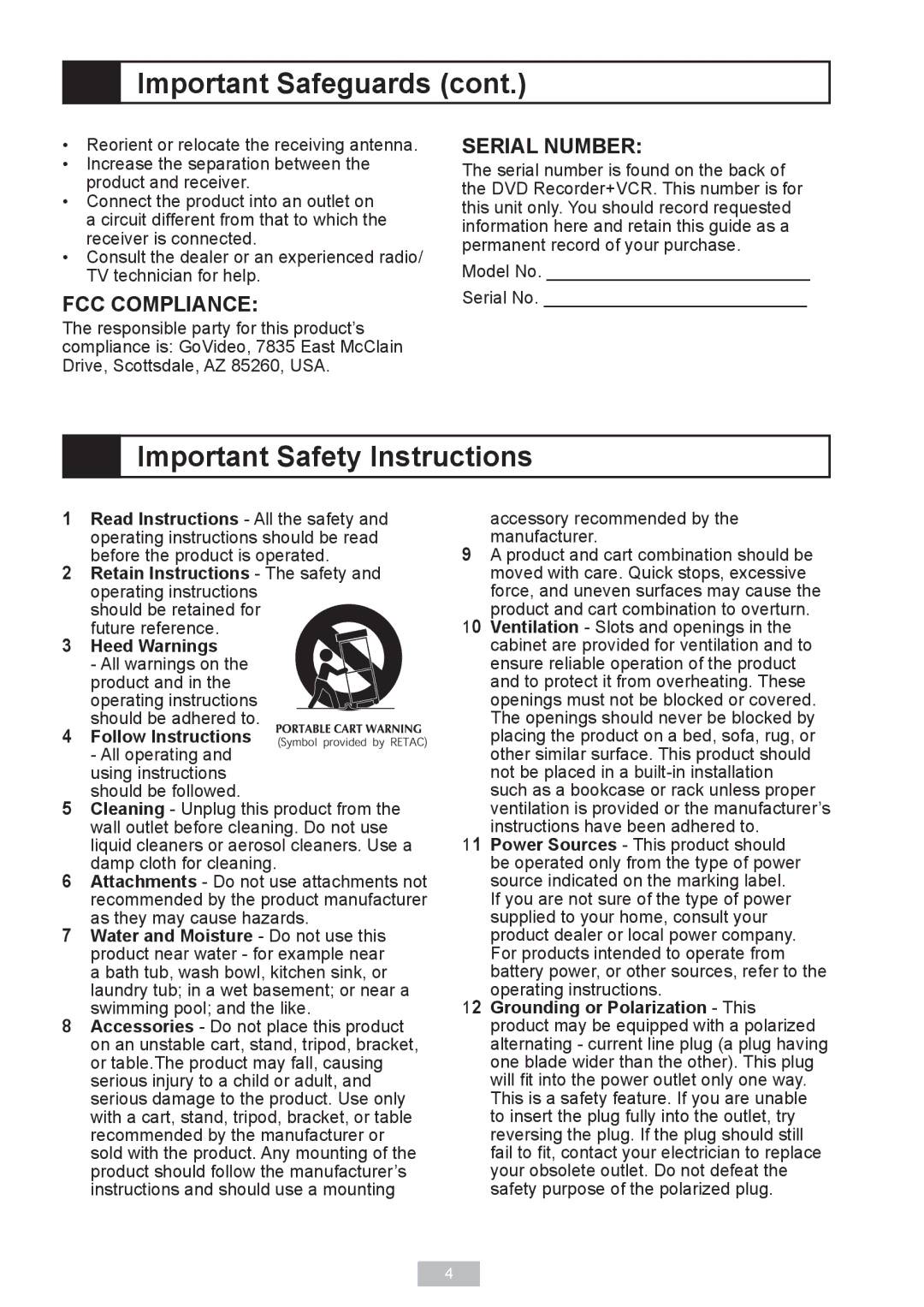 GoVideo VR2940 manual Important Safety Instructions, Heed Warnings 