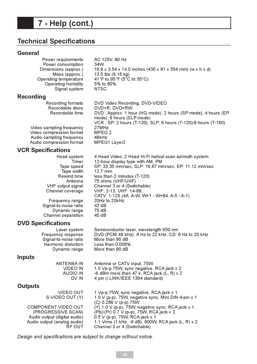 GoVideo VR2940 manual Technical Speciﬁcations 