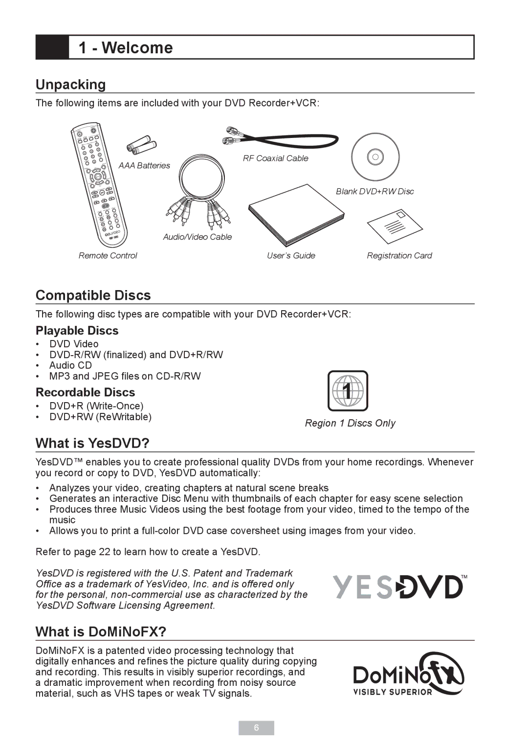 GoVideo VR2940 manual Welcome, Unpacking, Compatible Discs, What is YesDVD?, What is DoMiNoFX? 