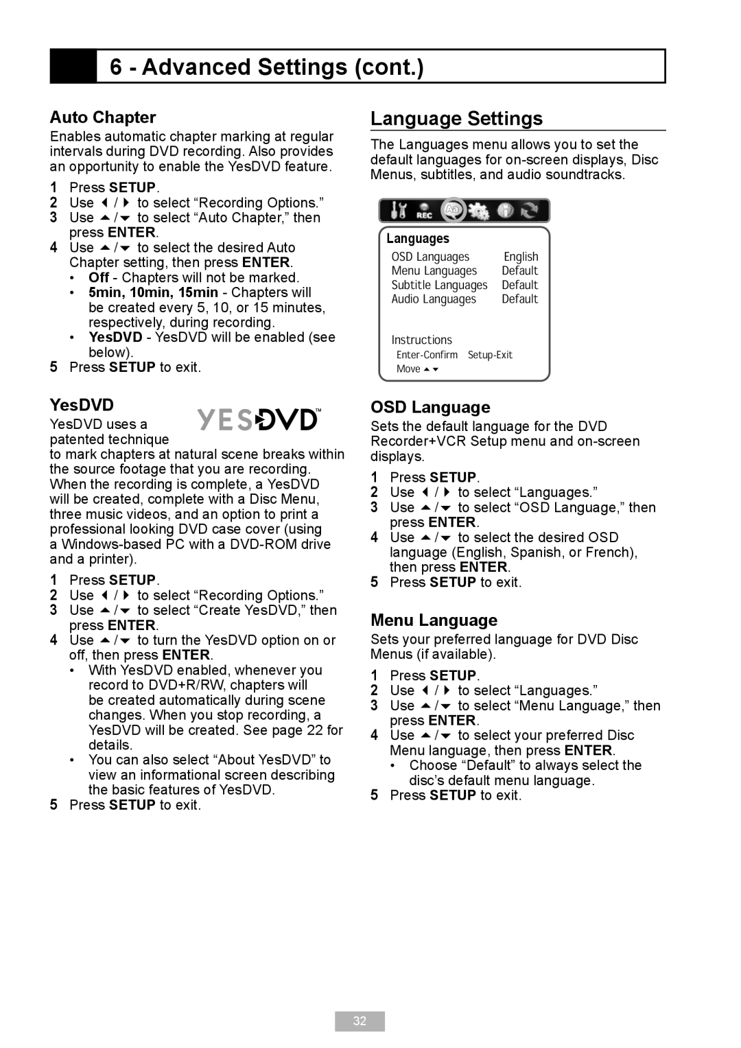 GoVideo VR2940 manual Language Settings, Auto Chapter, YesDVD YesDVD uses a patented technique, OSD Language, Menu Language 