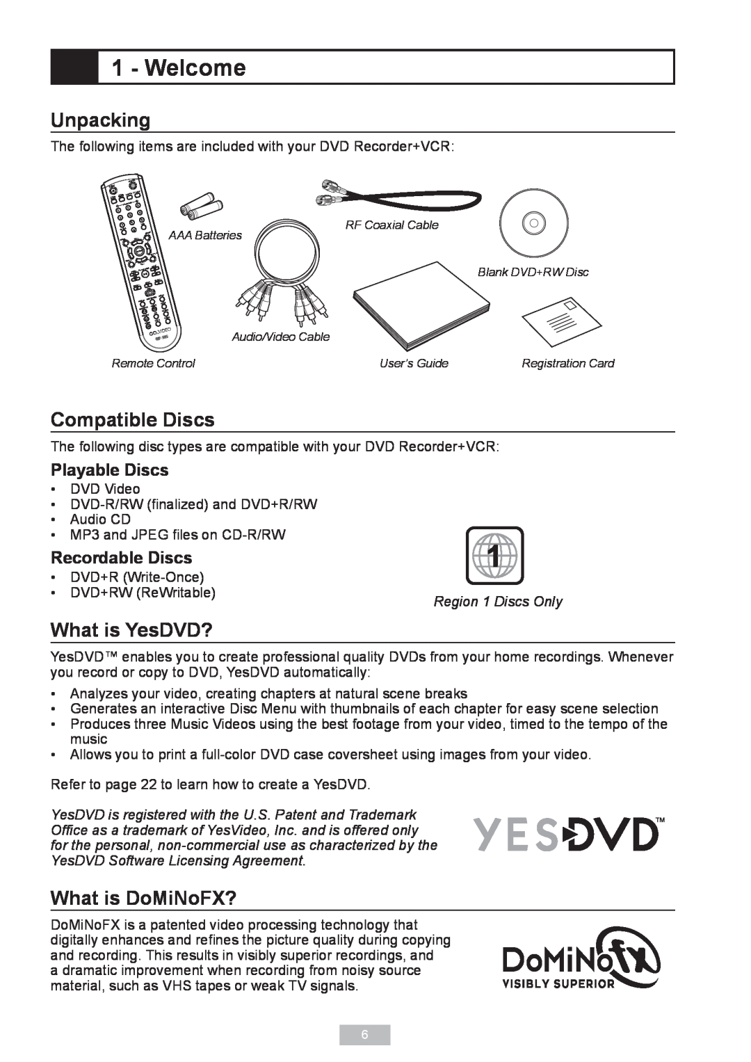 GoVideo VR2940 Welcome, Unpacking, Compatible Discs, What is YesDVD?, What is DoMiNoFX?, Playable Discs, Recordable Discs 