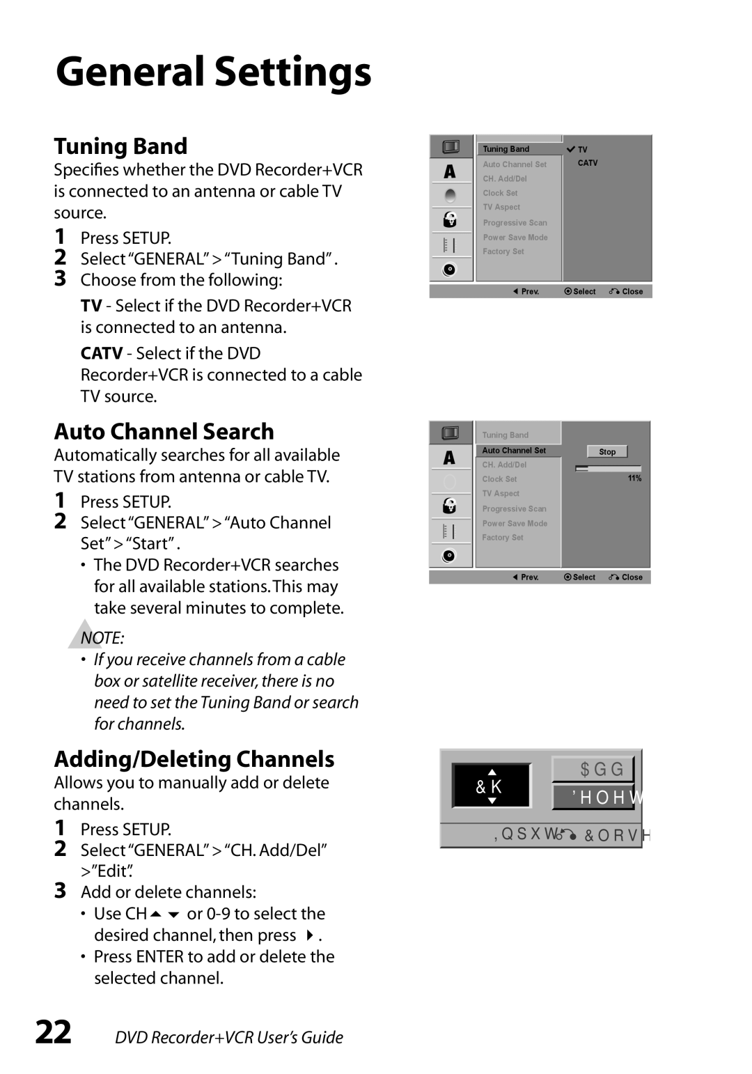 GoVideo VR3845 manual General Settings, Tuning Band, Auto Channel Search, Adding/Deleting Channels 