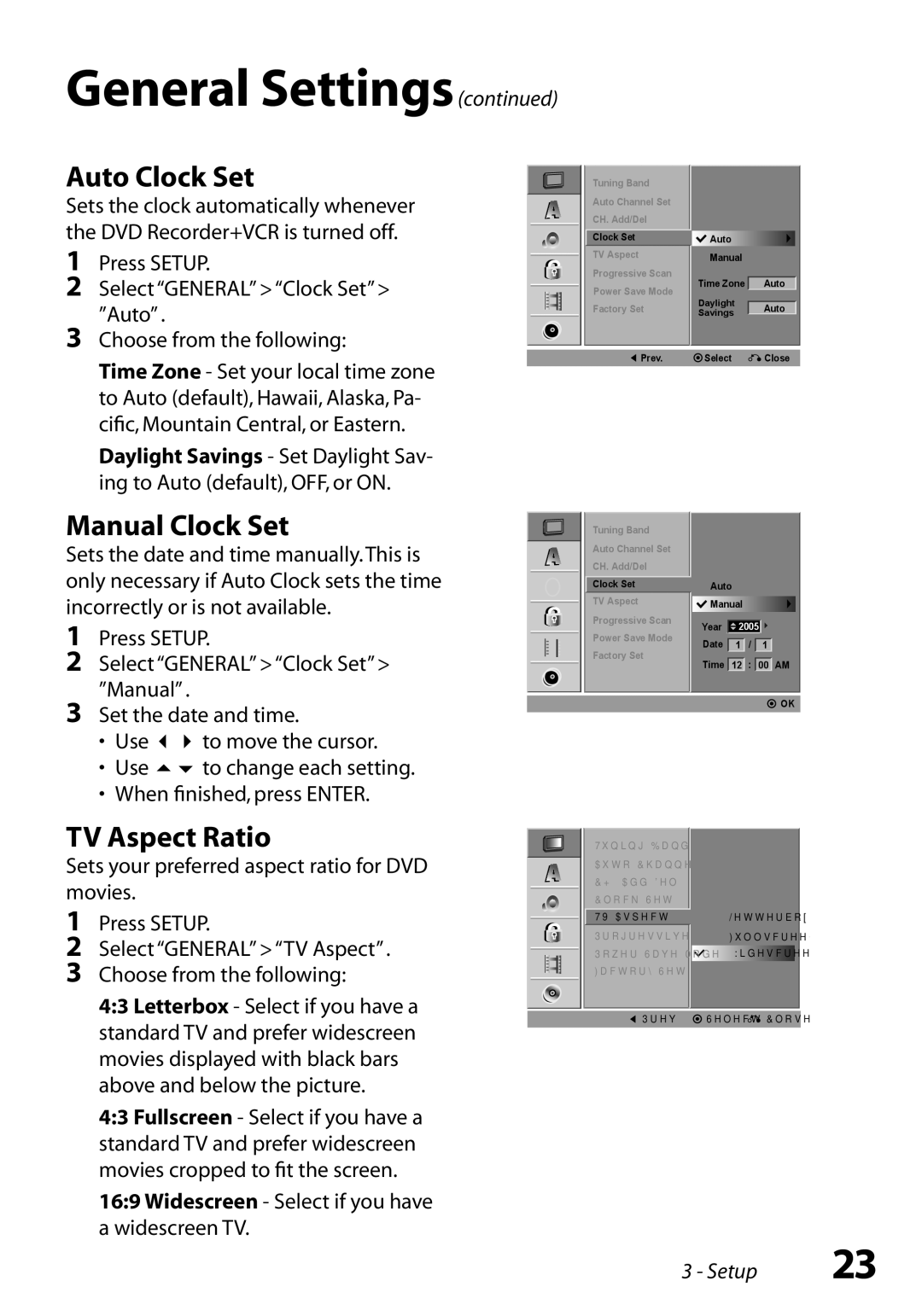 GoVideo VR3845 manual Auto Clock Set, Manual Clock Set, TV Aspect Ratio, Press Setup Select General Clock Set Auto 