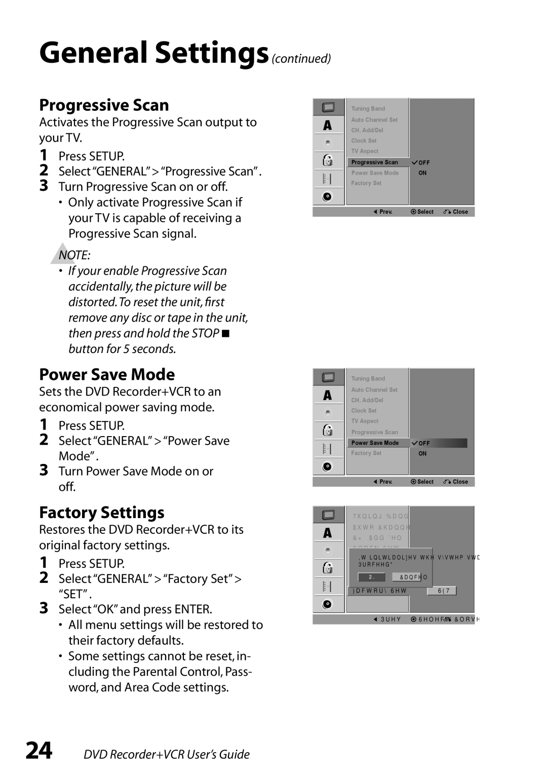 GoVideo VR3845 manual Progressive Scan, Power Save Mode, Factory Settings 