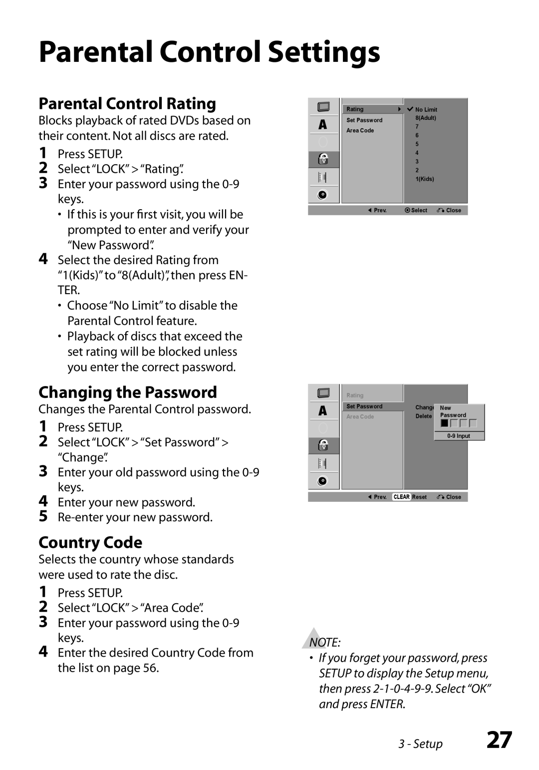 GoVideo VR3845 manual Parental Control Settings, Parental Control Rating, Changing the Password, Country Code 