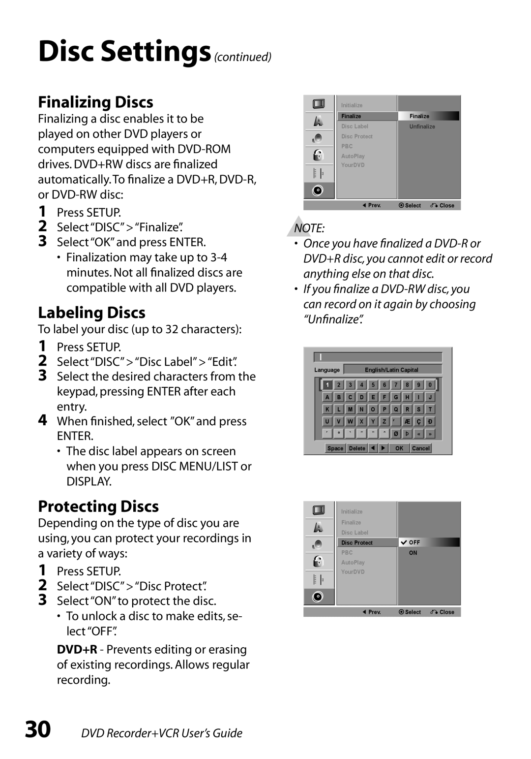 GoVideo VR3845 manual Finalizing Discs, Labeling Discs, Protecting Discs, Entry When ﬁnished, select OK and press 