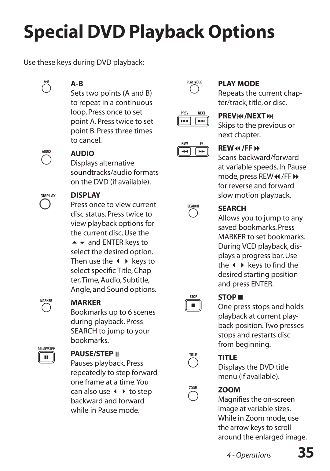 GoVideo VR3845 Special DVD Playback Options, Use these keys during DVD playback, Skips to the previous or next chapter 