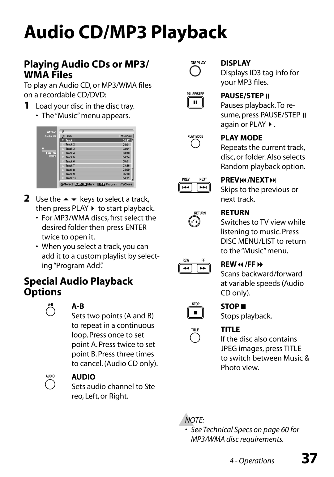 GoVideo VR3845 manual Audio CD/MP3 Playback, Playing Audio CDs or MP3/ WMA Files, Special Audio Playback Options 