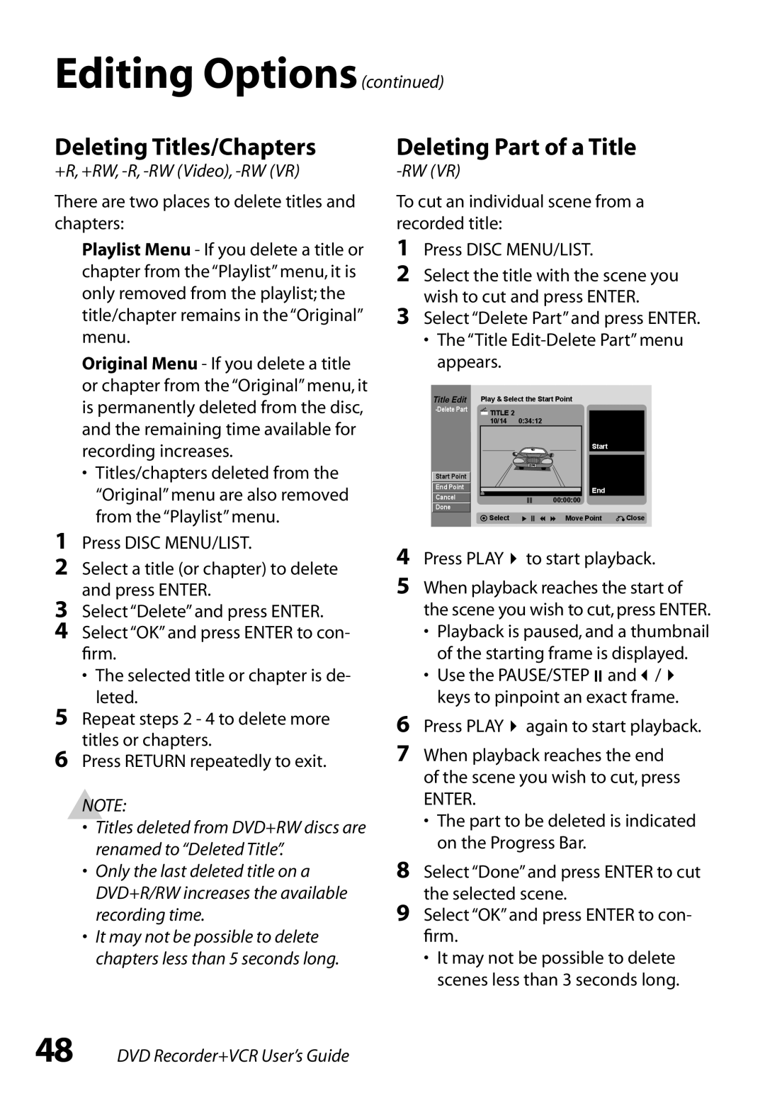 GoVideo VR3845 manual Deleting Titles/Chapters, Deleting Part of a Title, Press PLAY again to start playback 