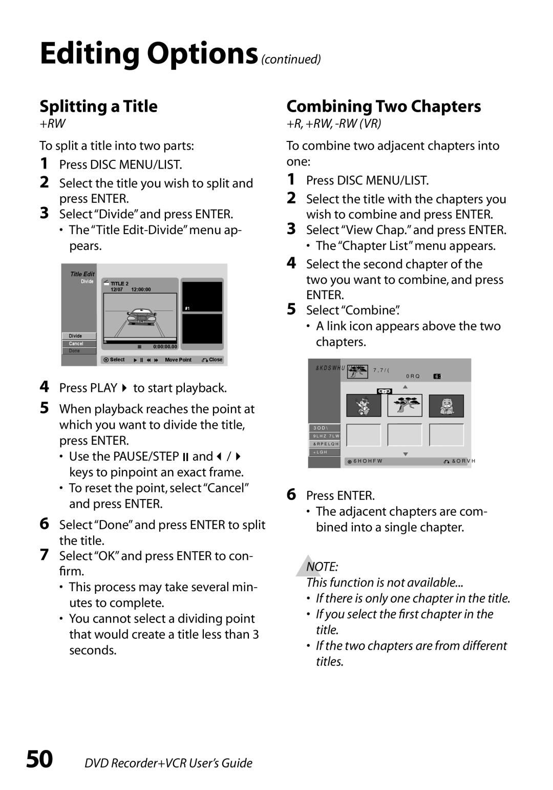 GoVideo VR3845 manual Splitting a Title, Combining Two Chapters, Select Combine Link icon appears above the two chapters 